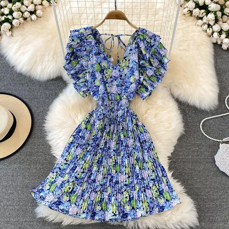 

Sexy Floral Pleated Mini Dress Women Summer Elegant V-Neck Draped Ruffle Short Vestidos Female Vacation Beach Summer New