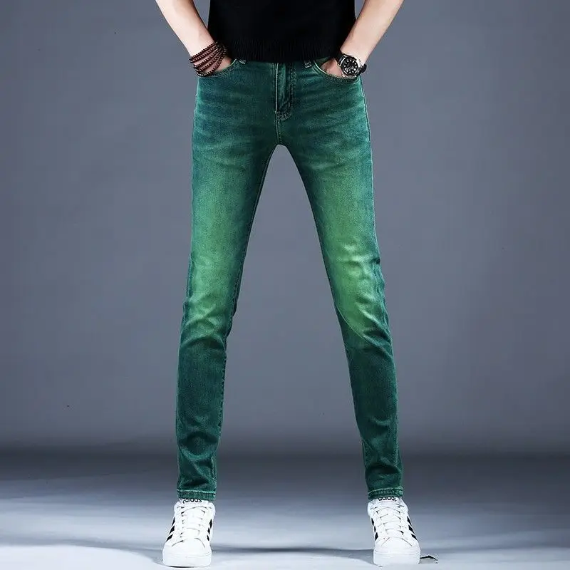 

Luxury Clothing Men 2025 High-end Water Ghost Green Jeans Men's New Elastic Slim-fit Small Feet Casual Long Pants Korean Jeans