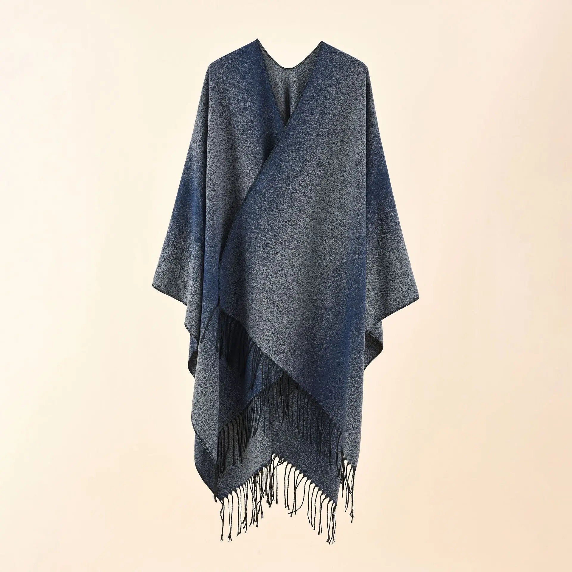 2022 Autumn Winter New Solid Color Gradient Tassel Imitation Cashmere Warm Women Shawl Scarf Lady Poncho Capes Blue