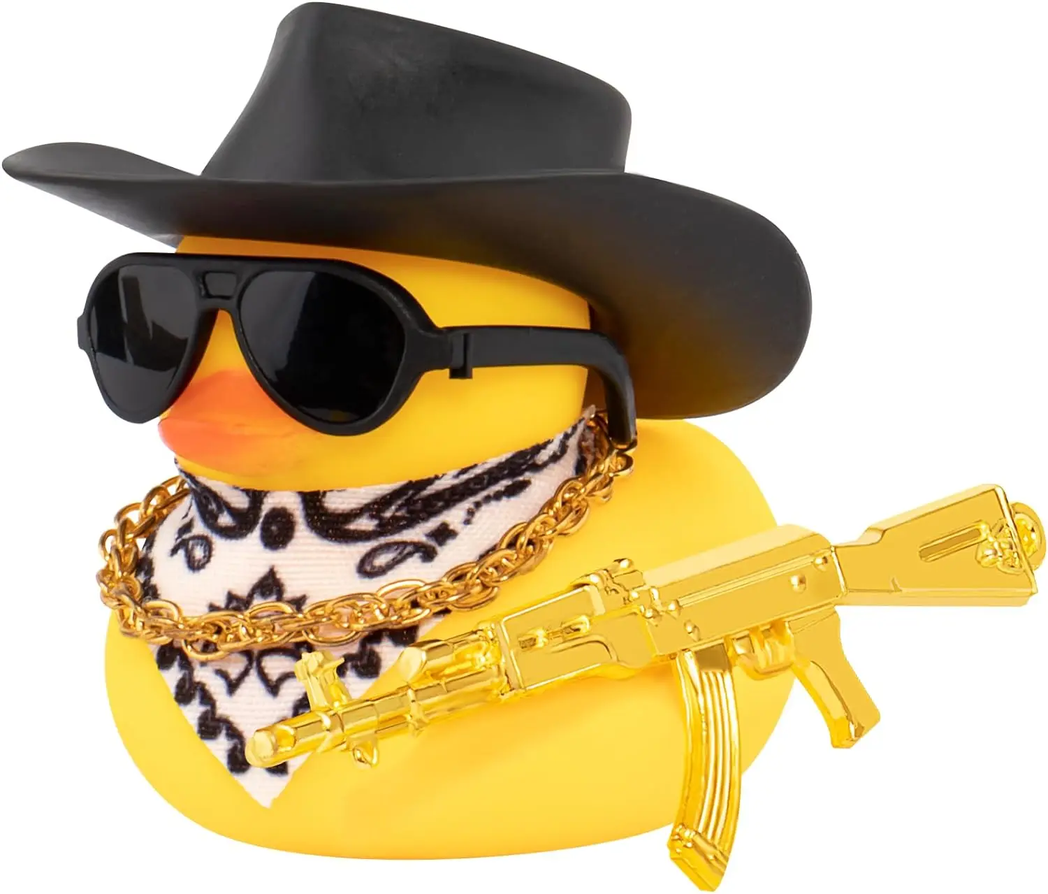 Cowboy-Ente mit Waffen, Auto-Armaturenbrett-Dekorationen, Gummi-Ente, Auto-Ornamente mit coolen Accessoires, Mini-Schwimmring, Sonnenhut, Sonnenbrille