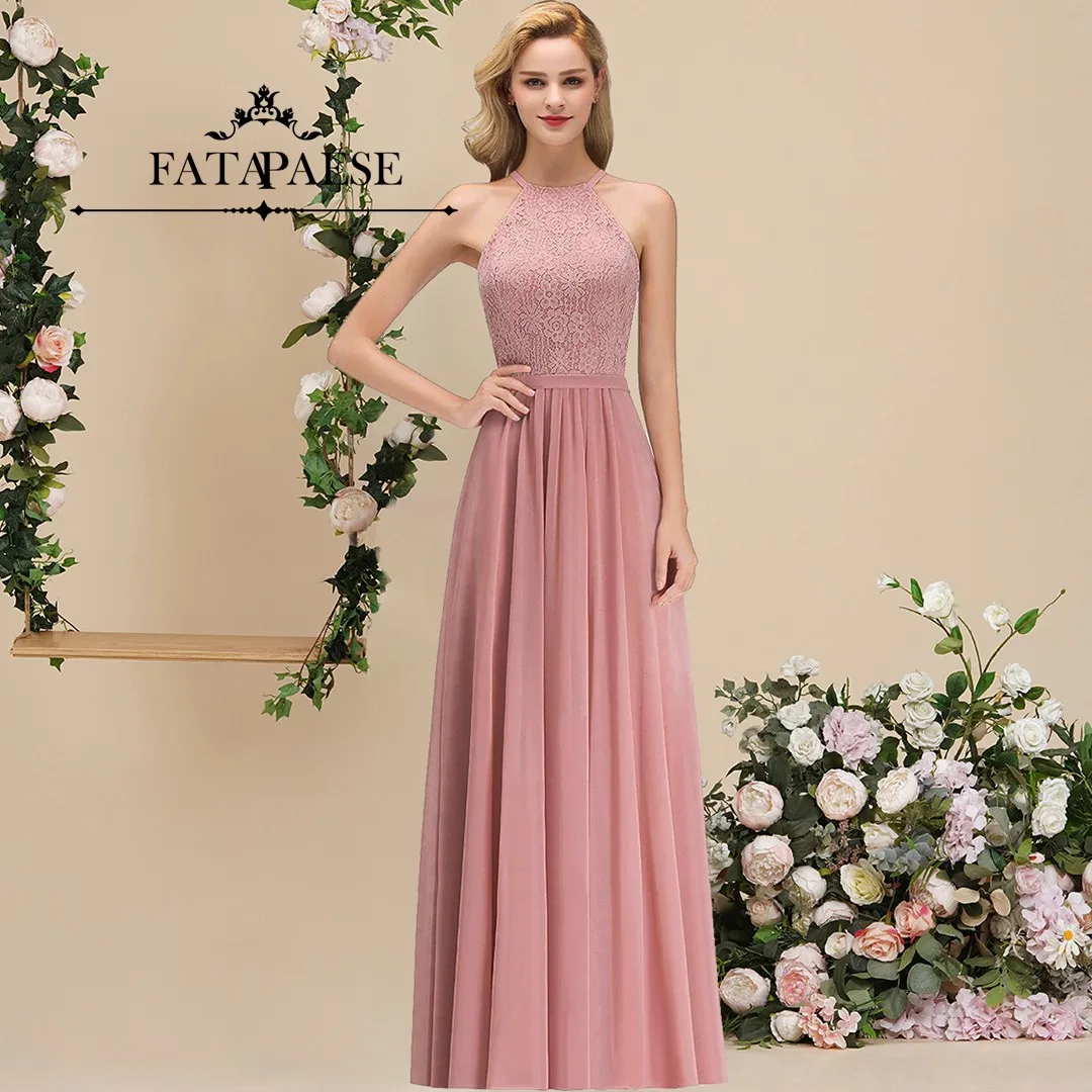 FATAPAESE Bridesmaid Dress Sexy Halter Sleeveless Floral Lace Padding Bust Appqulies A-line Chiffon Skirt Wedding Party Gown