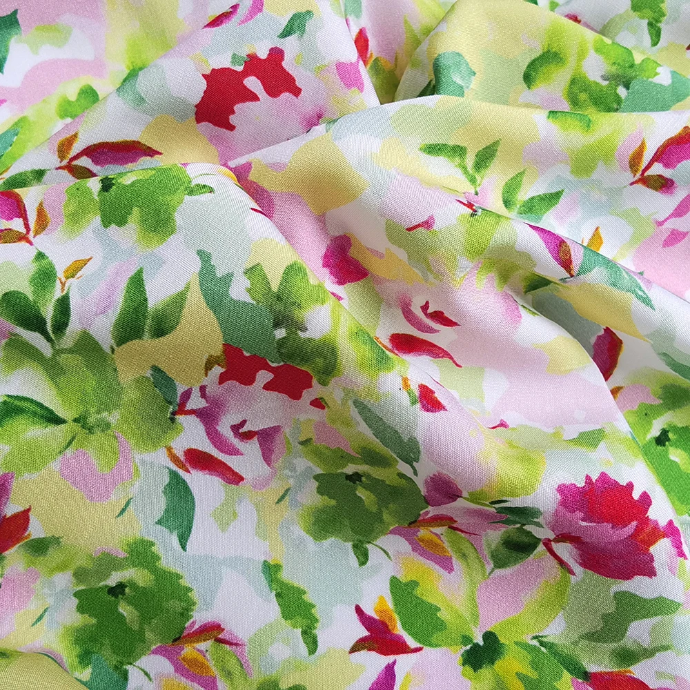 1 meter X 1.4 meter Pink Green Floral Dress Fabric Soft Viscose Poplin Material Children