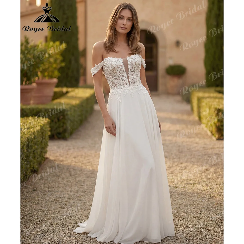 Off The Shoulder A Line Wedding Dress 3D Leaf Lace Appliques Chiffon Back Button Bohemian Bridal Gown With Sweep Train Customiz