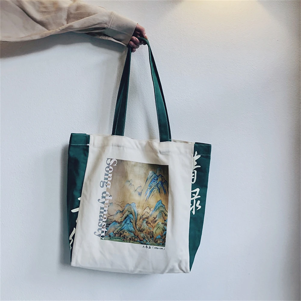 2024 Retro Literary Canvas Bag Women\'s Shoulder Bag Contrast Color Large Capacity Tote Bags Letter Shopping Ladies Hand Bags