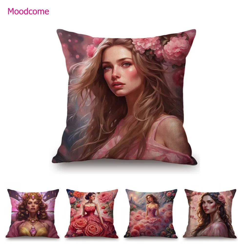 Pink Rose Flower Girls Beautiful Flowers Fairies Princess Home Decorative Cotton Linen Sofa Pillow Case Spring Art Cushion Cover