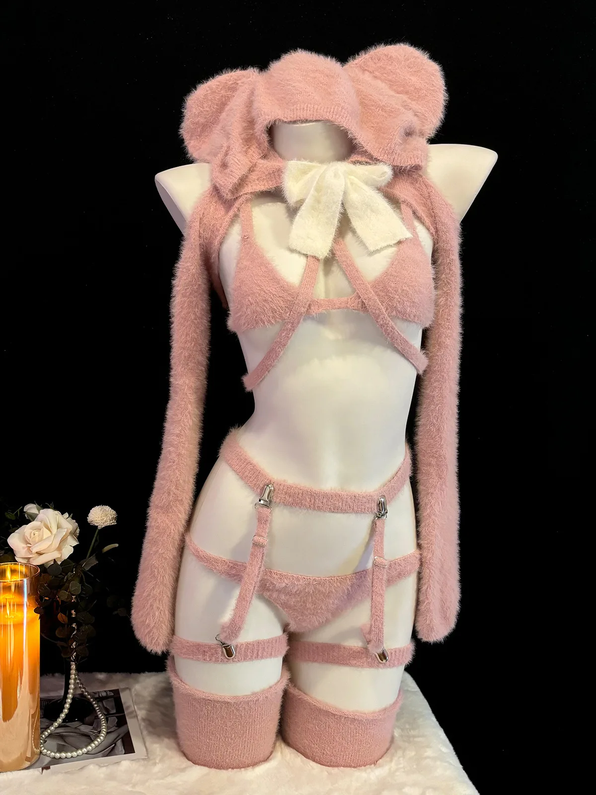 

Sexy Women Pink Bear Hooded Sweater Uniform Outfits Cute Mouse Clothes Cosplay Costume Stocking Knit Clothes Costume Set