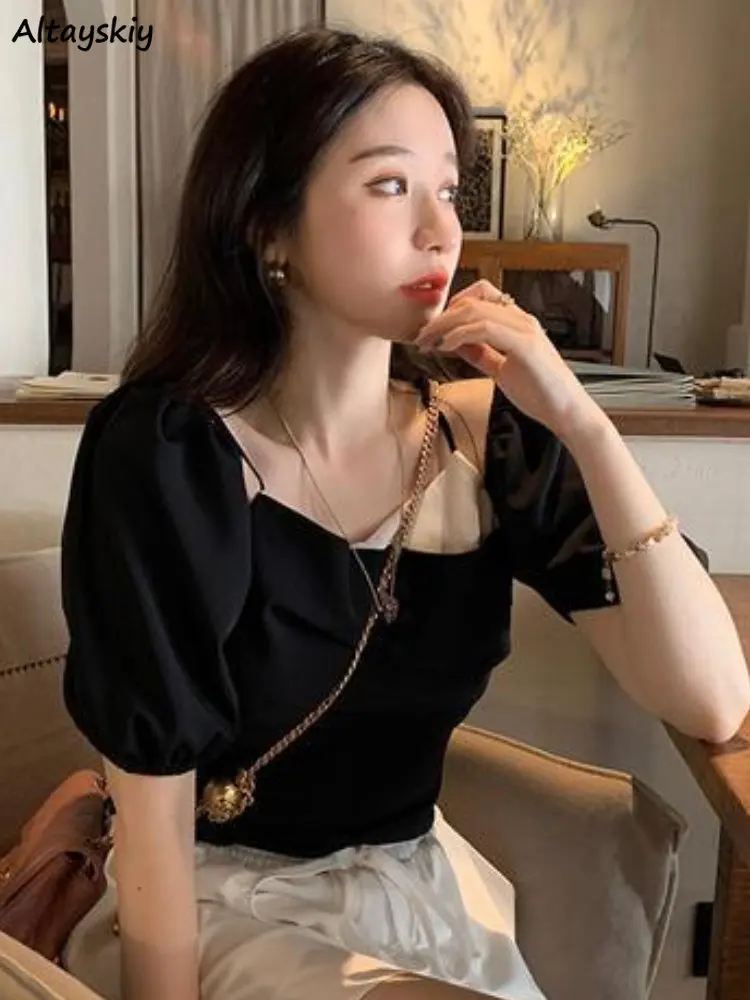 Women Blouse Daily Sweet Elegant Off Shoulder Simple All-match Summer Tender Puff Sleeve Korean Style Design Casual Mature Chic