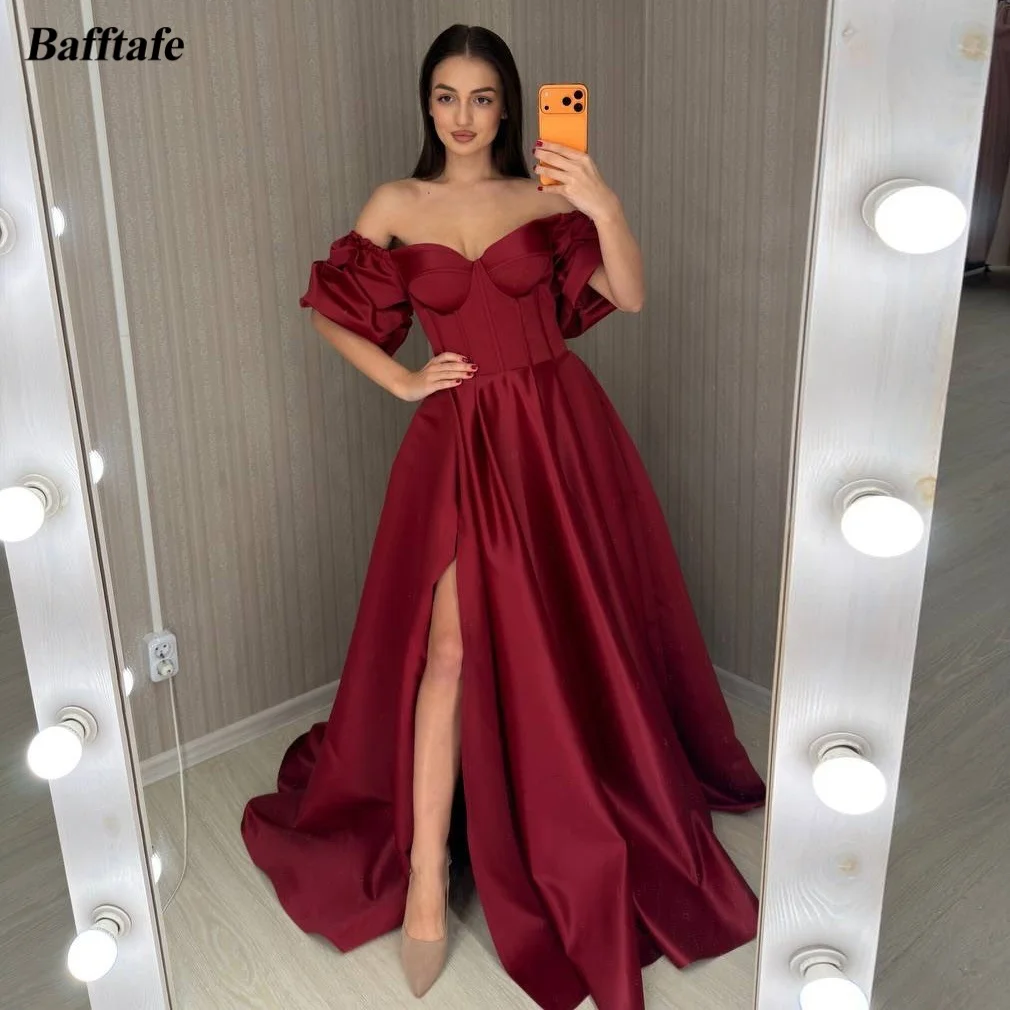 

Bafftafe Customized Burgundy Satin Prom Dresses Short Sleeves Corset Formal Evening Gowns Slit Women Party Occasion Dance Dress