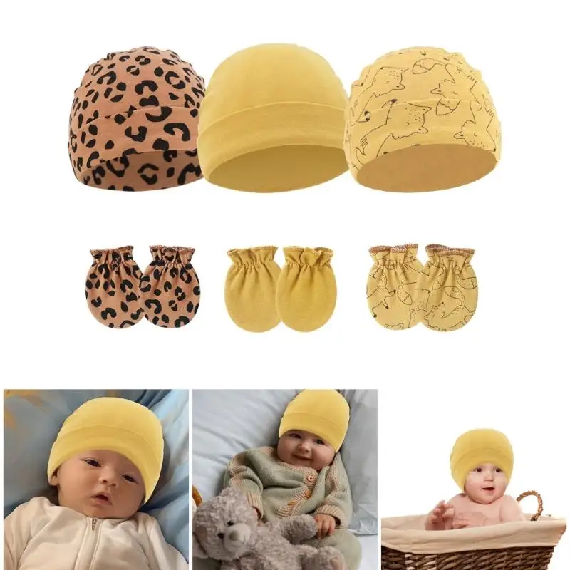 

U13F Lovely Baby Fetal Caps Newborns Headwear with Anti Scratch Gloves Set Breathable Infants Outdoor Essential 3 Set