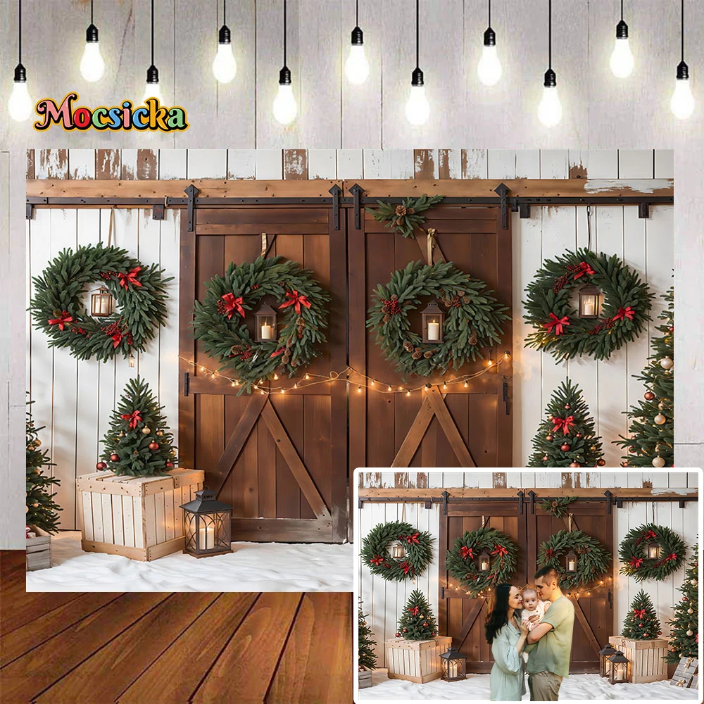 Wooden Barn Door Background Photography Christmas Tree Wreath Lantern Snow Backdrop Family Kids Winter Birthday Party Photozone