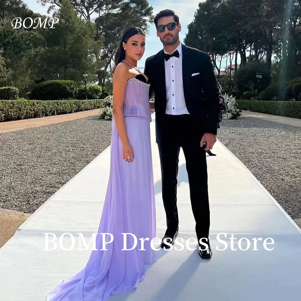 

BOMP Exquisite Purple Beading Evening Party Dress A-Line Strapless Tiered Soft Satin Sweep Train Formal Occasion Gown Customized