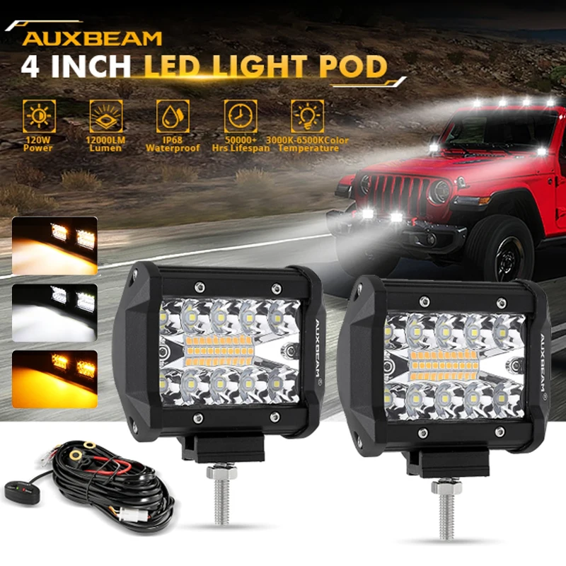 Auxbeam 4 Inch 2 Colors 6 Modes LED Work Driving Light with Harness for Truck Pickup Offroad