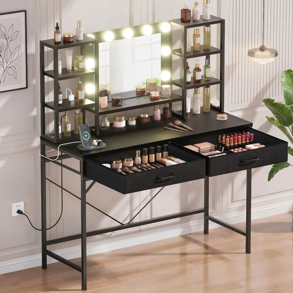 

Vanity Desk With LED Lighted Mirror Power Outlet, Makeup Vanity Table With 2 Fabric Drawers And 6 Storage Shelves, Dressing Tab