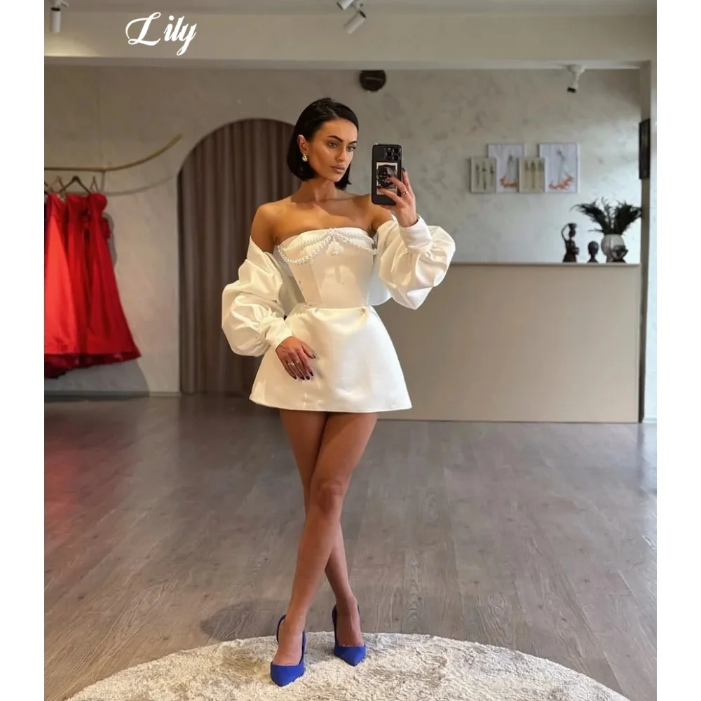 

Lily White Strapless Prom Dress Satin A-Line Evening Dress with Pearl And Detachable Puff Sleeves Mini Party Dress Customized