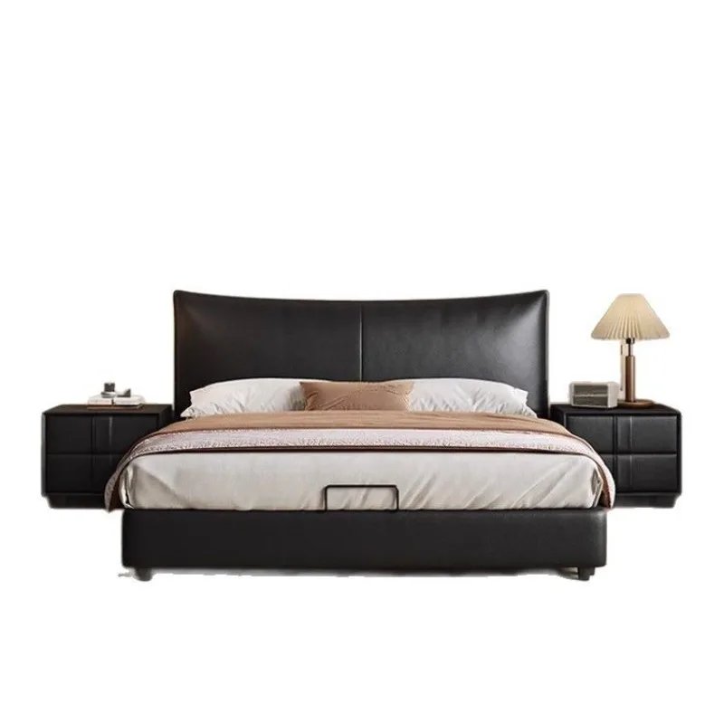 

Modern minimalist cream style master bedroom double bed high box storage Italian minimalist black leather bed