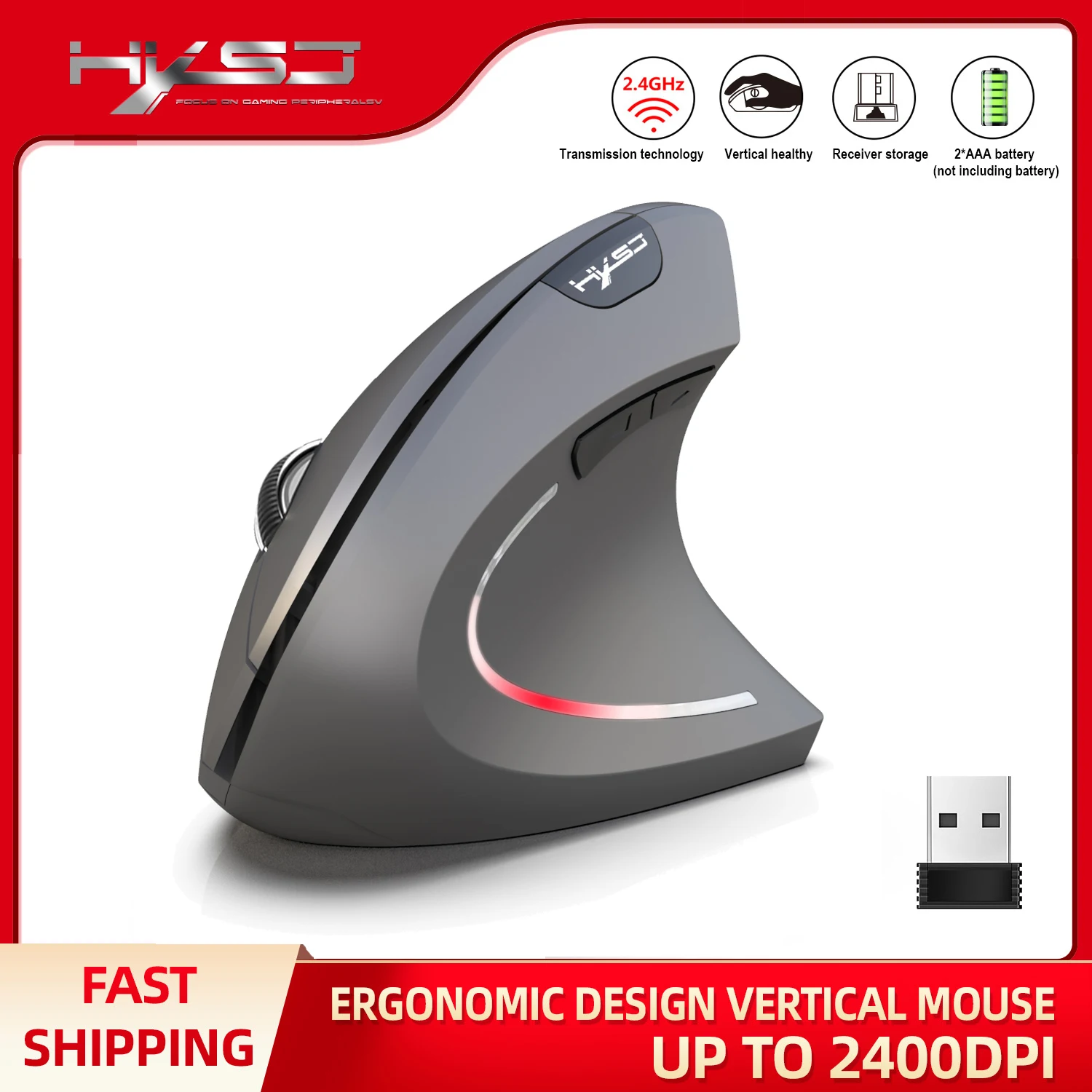 HXSJ T24 2.4G Ergonomic Optical Wireless Mouse ABS Vertical Healthy Design Backlit Gaming Stock Laptop Office Use Wholesale