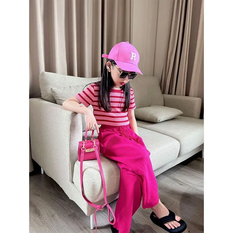 2024 summer Kids Girls Clothes Children Sets short striped crop top T-shirts + Wide Leg straight Pants Teenager 4 8 10 12 Years