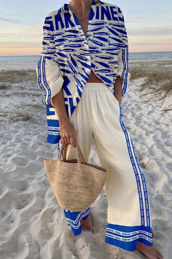 2025 New Summer Vacation Style Cruise Print 2-Piece Set Lapel Shirt+Lace-up Wide-Leg Pants For Women Cruise Outfit Beach Holiday