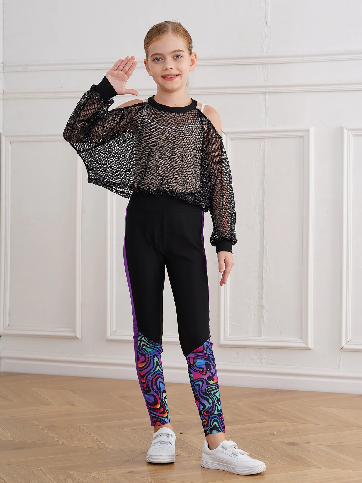 

Girls Gymnastics Dance Sports Outfits Long Sleeve Sequins Netting Cover Up Tops with Athletic Leggings for Yoga Workout Running