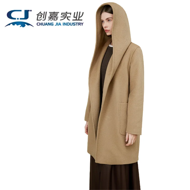 Autumn and Winter Double Face Camel Wool Women's Hooded Coat Black Wool Strap Outer Hat Outdoor Travel Casual Warm Temperament