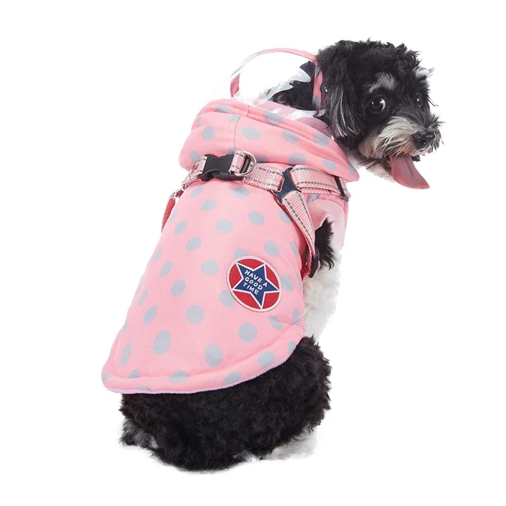 Hooded Dog Coat Cute Dotted Pet Outfit Winter Cold Weather Waterproof Dog Fleece Vest with Harness for Small Medium Dogs