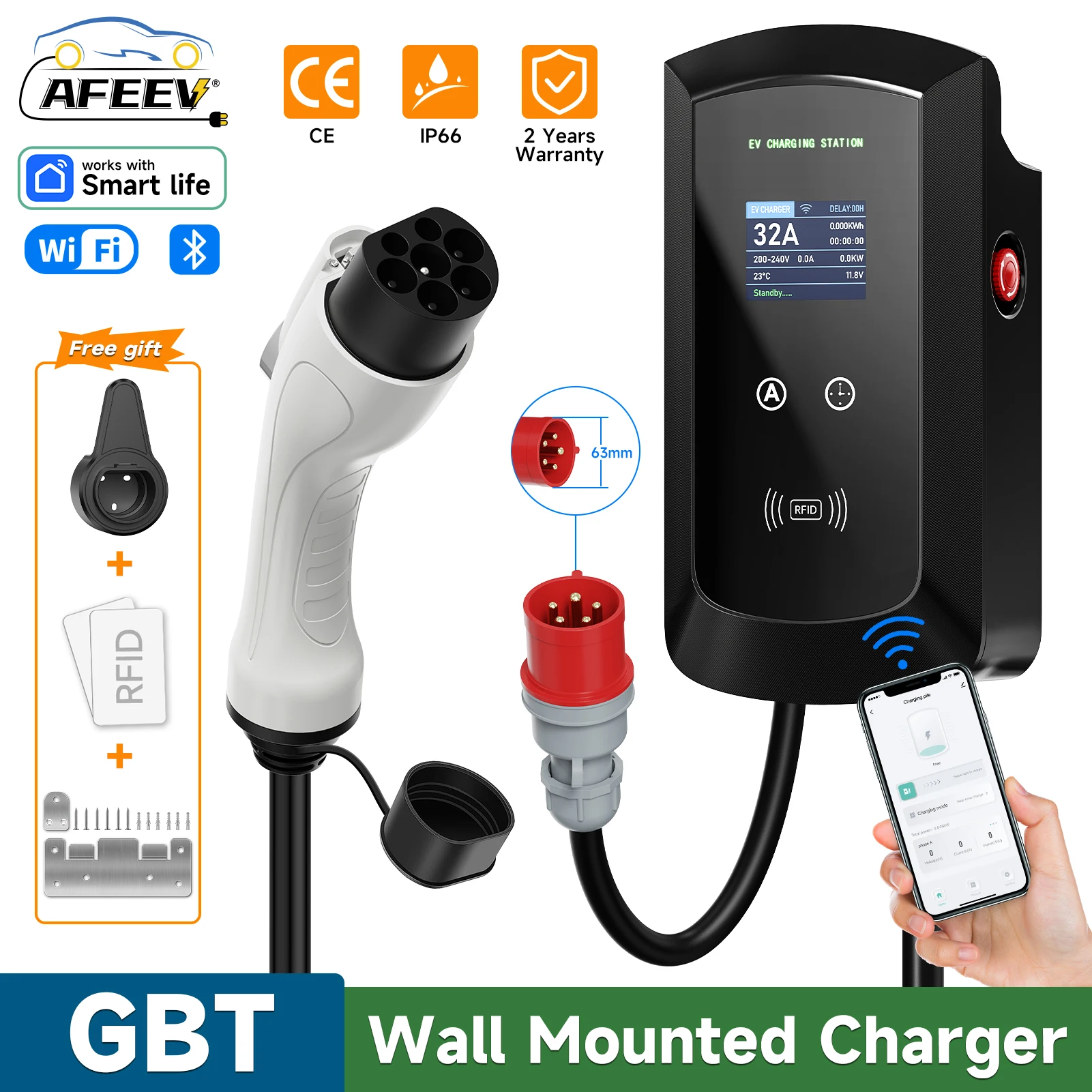 AFEEV GBT 20234 EV Charging Station CEE Plug 7.6KW/11KW/22KW 32A 3Phase Wall Mounted Charger WiFi Bluetooth APP Wireless Control