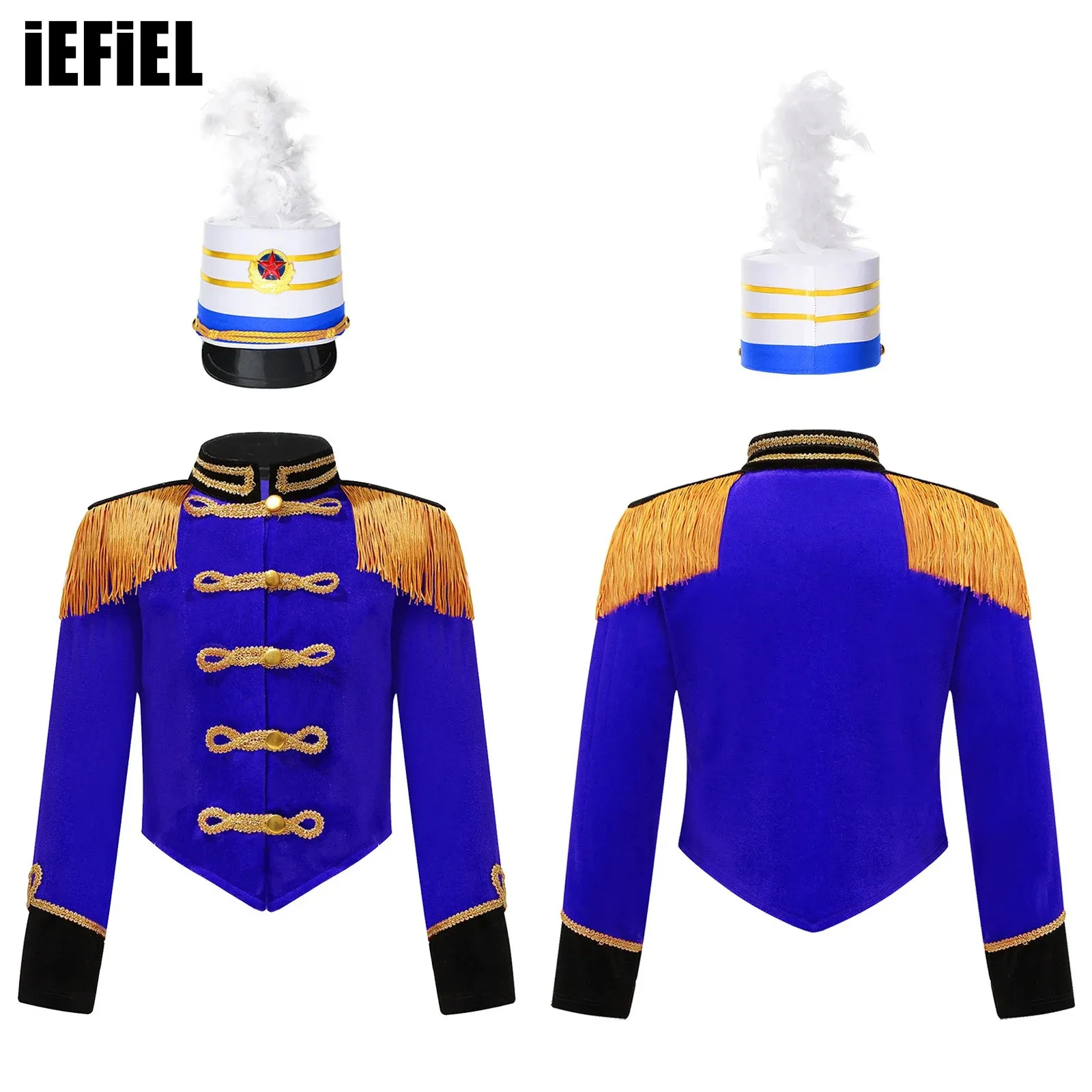 

Kids Girl Flag Honour Guard Uniform Coat Halloween Cosplay Costume Set Tassel Shoulder Jacket with Feather Hat