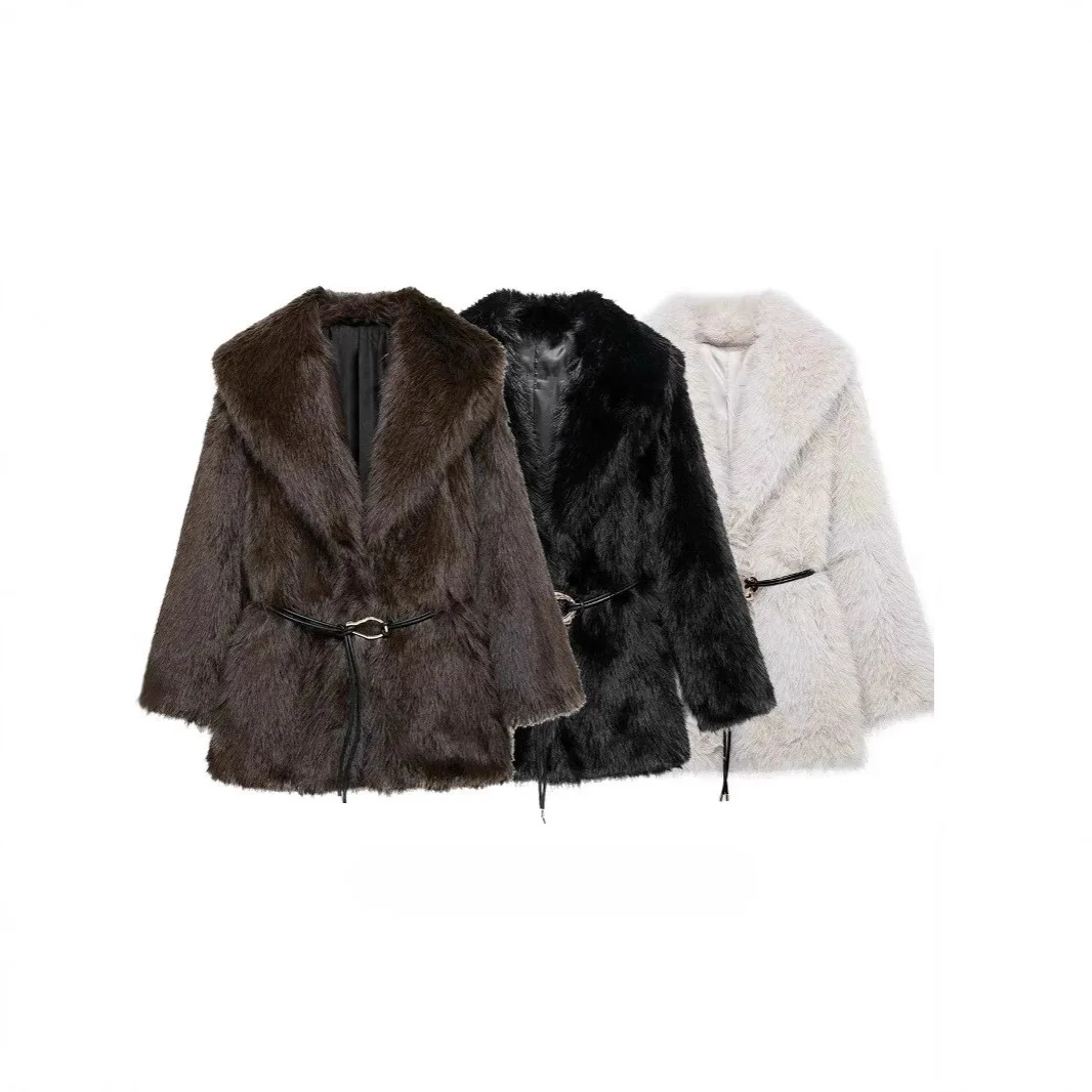 เสื้อโค้ทขนเฟอร์เทียมสำหรับผู้หญิง แขนยาว คอปกตั้ง แต่งเข็มขัด  ขนฟู  ความยาวปานกลาง  สไตล์หรูหรา  สำหรับฤดูหนาว