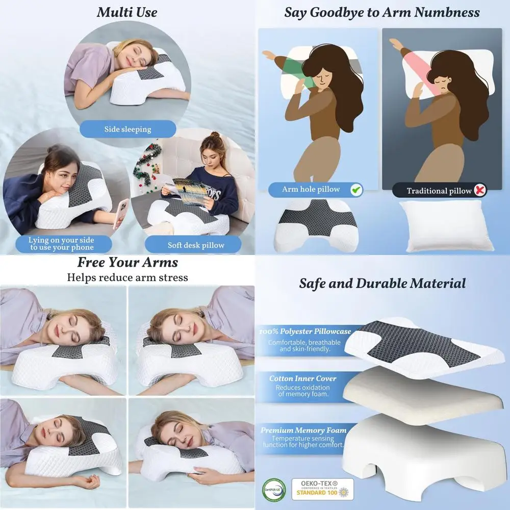 

Ergonomic Memory Foam Pillow with Arm Hole for Side Sleepers - Multi-Angle Support for Neck and Shoulders in Grey