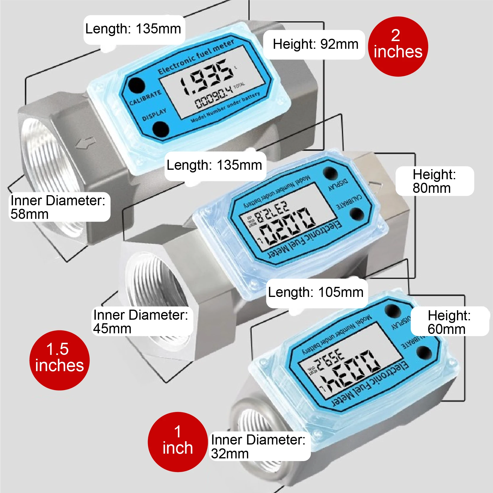 LCD Display Inline 1 Inch Aluminum Threaded Digital Gauge Electronic Fuel Flow Meter Diesel  Liquid Turbine Sensor