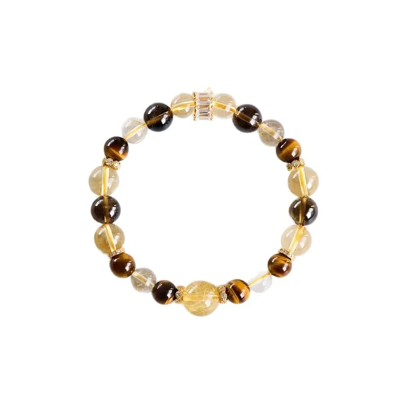 Chinese Style Lucky Citrine Tiger Eye Stone Rutilated Quartz Bracelet Feng Shui Wealth Attracting Good Fortune Prayer Bead Jewel