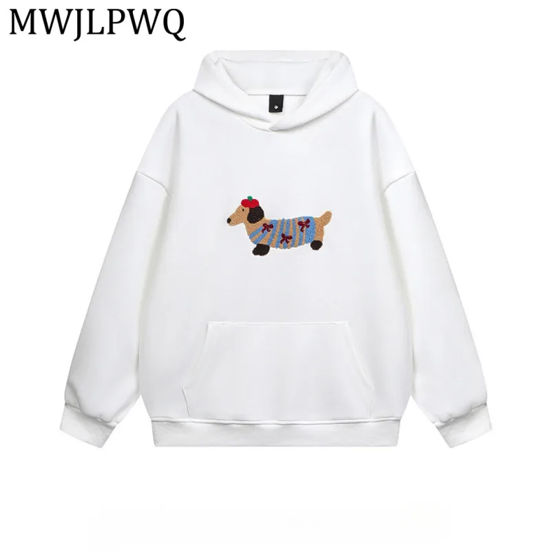 

MWJLPWQ Grey Hoodie Sweatshirt Men Dachshund Towel Embroidery Loose Fit Casual Streetwear Pullover With Kangaroo Pocket 15691