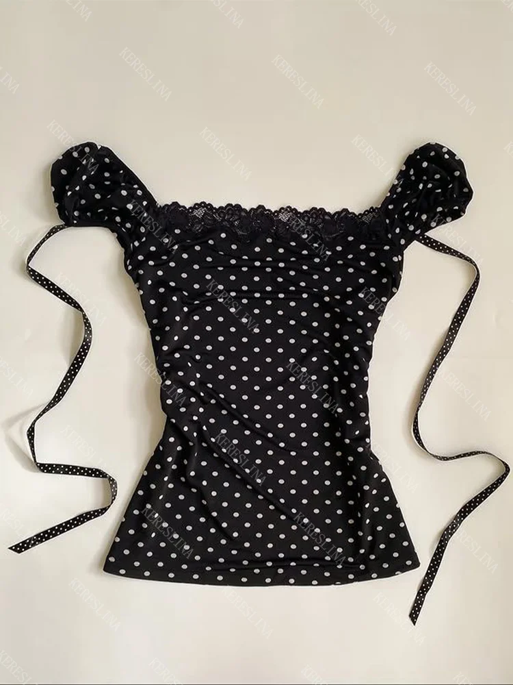 Summer casual versatile short sleeved top Y2k sweet sexy hot girl high street retro polka dot printed lace short sleeved top emo