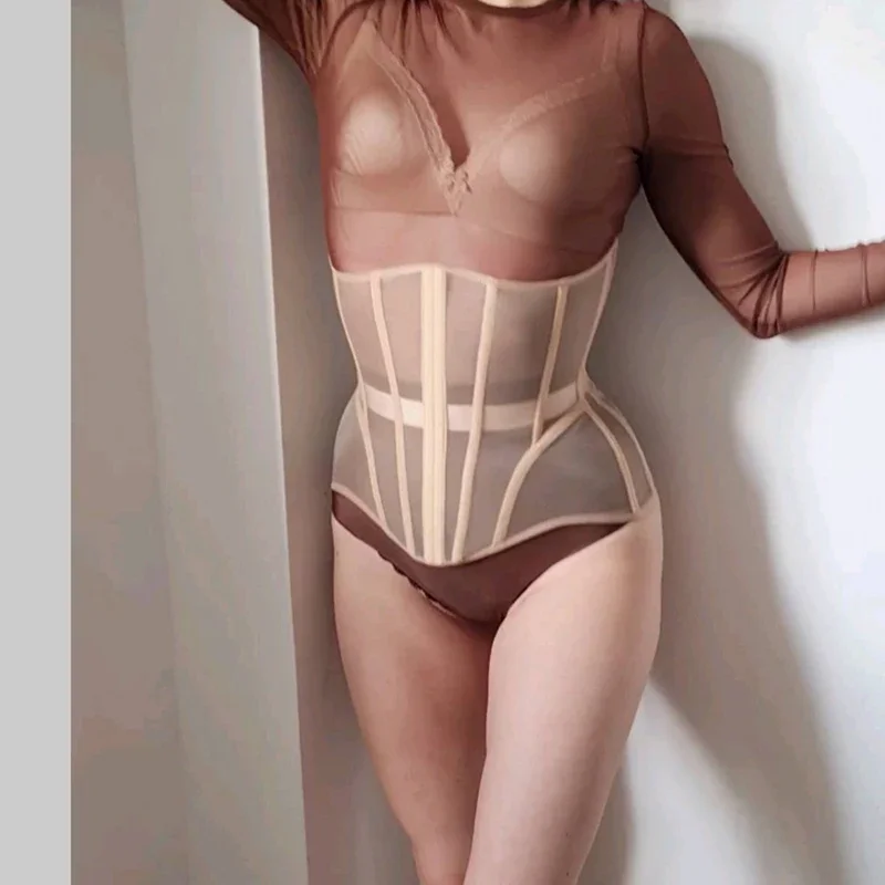 

Women Abdomen Tight Corset Crops Under Bust Bustiers Breathable Mesh Waist Girdle With Bones Slimming Lace Up Bodices