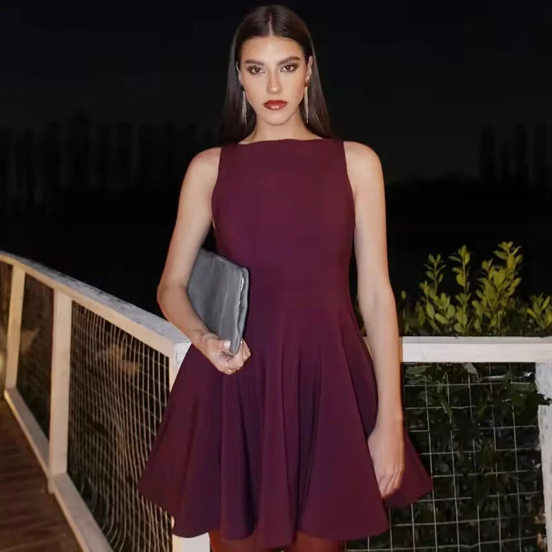 TRAF vestido de mujer rojo marrón blanco Borgoña negro Vestidos verano 2025 Mini cuello redondo sin mangas vestido veraniego elegante Vestidos de moda