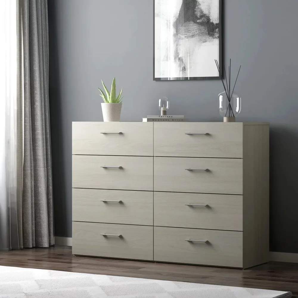 8-Drawer Durable Dresser With Silver-Colored Drawer Handles Light Gray/White/Natural