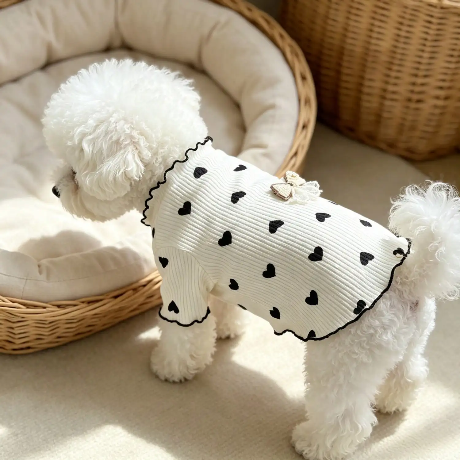 1 Stück geripptes Oberteil mit Herzmuster für kleine Hunde mit Spitzenschleife, lässiges Haustier-Shirt – Detail 14