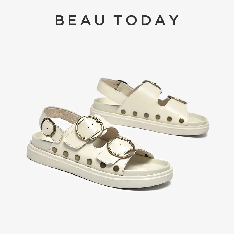 BEAUTODAY Leisure Sandals Women Genuine Cow Leather Solid Color Metal Decoration Buckle Strap Summer Ladies Shoes Handmade 34574