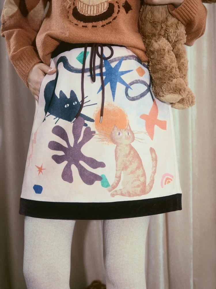 

Юбка с высокой талией, винтажный принт, из шелковистой ткани, с художественным узором, на завязках, средней длины, женская модная одежда