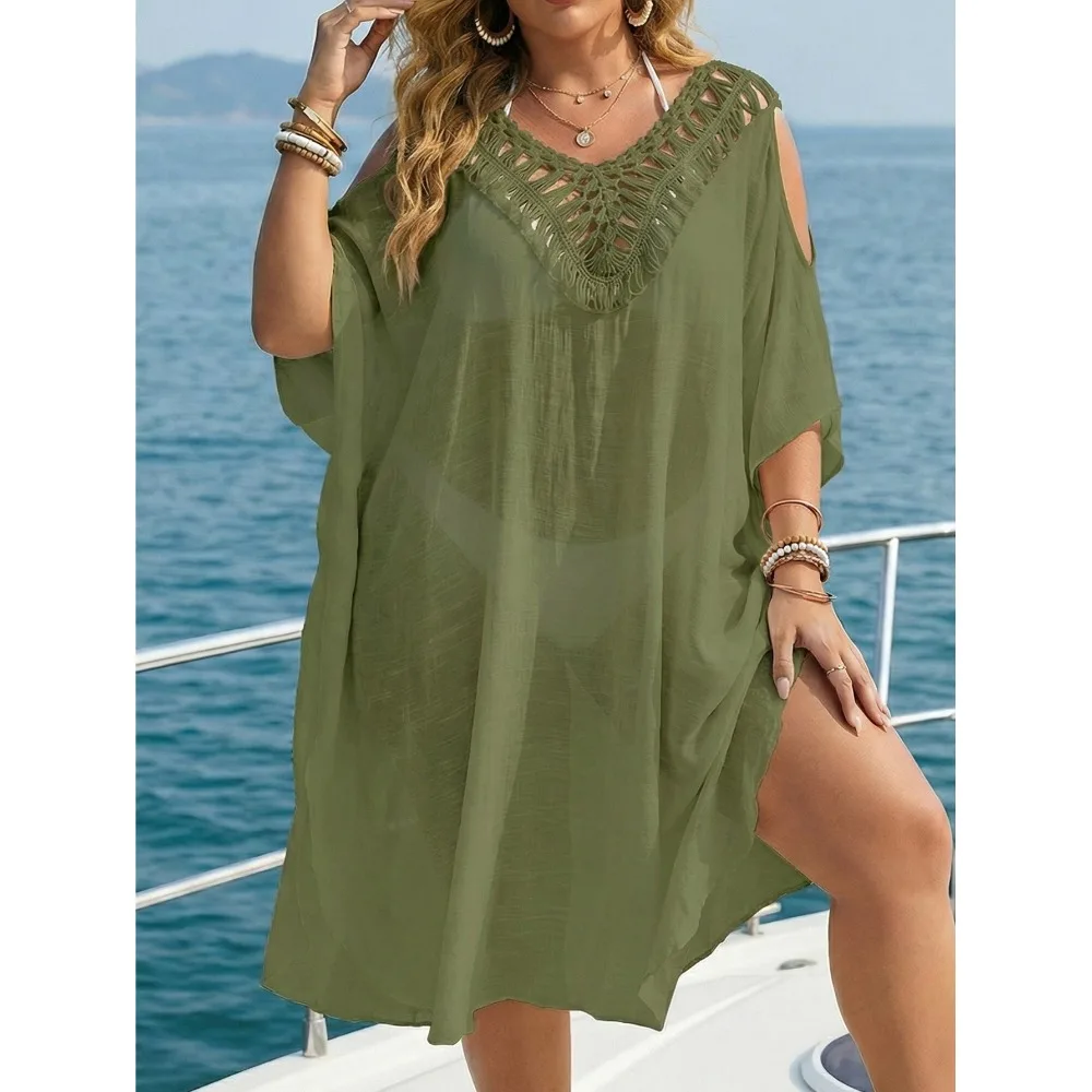 

Fashion V Neck Swimsuit Cover Up Dress Hollow Out Backless Beachwear Shirt Loose Vacation Summer Sunscreen Smock for Women