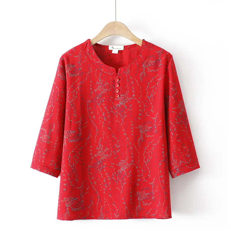 Fashion Vintage 3/4 Sleeve Printed Loose Chiffon T-shirt 2023 Summer Women's Clothing Casual Round Neck Button Tops for Female