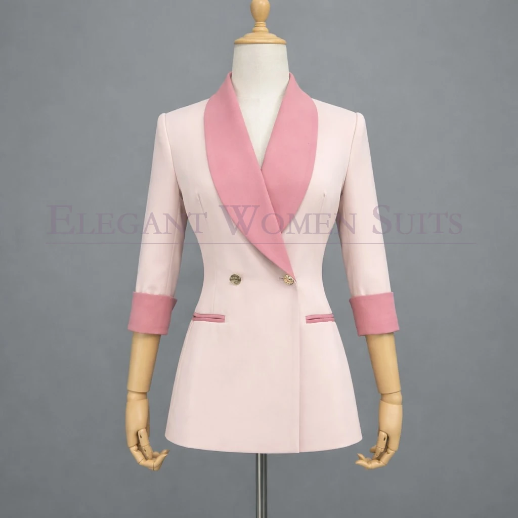 

Bespoke Pink Women's Suits Luxury Double Breasted Shawl Lapel Blazer With Pants Elegant Banquet 2 Piece Jacket Pants Sets