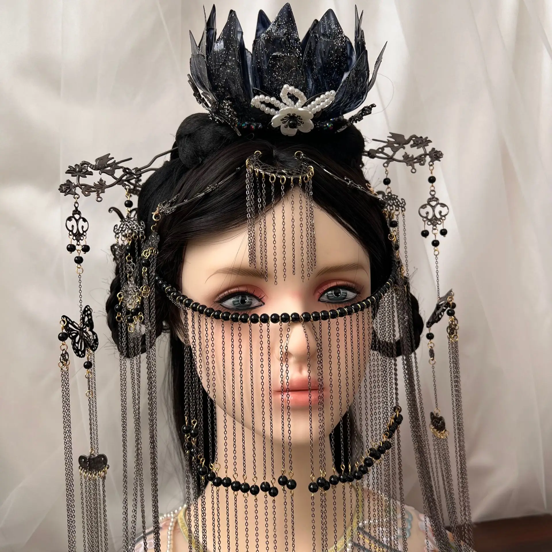 الغربية السوداء الطراز القديم الغريبة نمط الجبين الدانتيل Hanfu سوبر الرقص فتاة شرابة الستار إكسسوارات الشعر البدلة