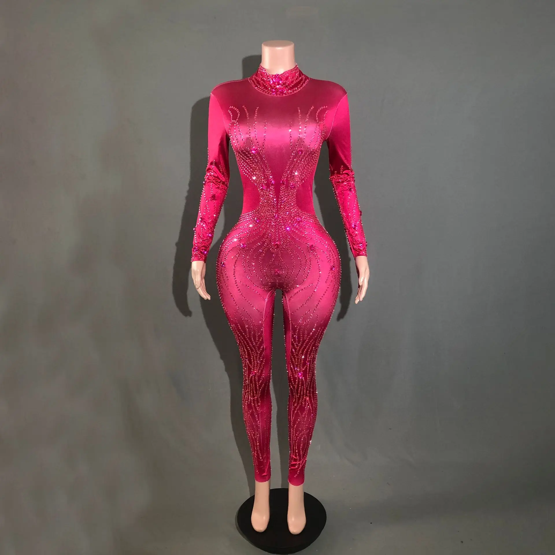 

Sexy Nightclub Women's Hot Diamond Fancy Hot Diamond Mesh See-through Jumpsuit Vestidos De Ocasião Formal Red Dress Luxury Woman