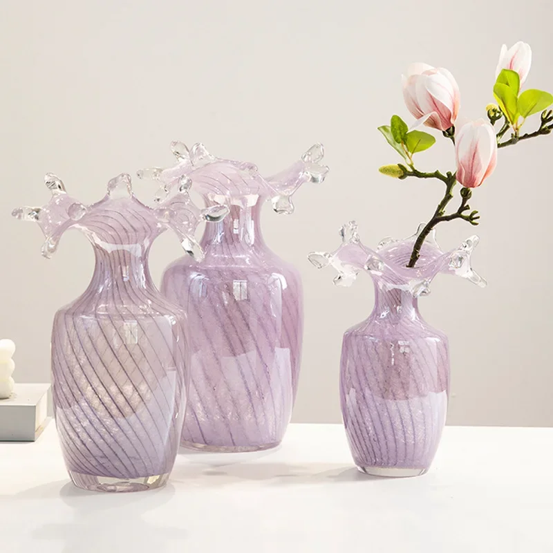 Glass Vase Purple Wavy Pleats Flower Vase Flower Arrangement Accessories Hydroponics Terrarium Home Decoration Accessories