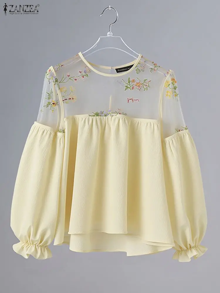 

ZANZEA Fashion Long Sleeve Blouse Sexy Women See-through Floral Print Mesh Patchwork Shirts Spring Elegant Casual Holiday Tops