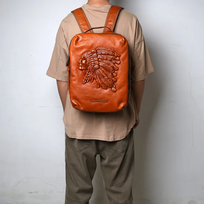 Mochila multifuncional para hombre, bolso de cuero de vaca, marca de tendencia de moda europea y americana, para ordenador