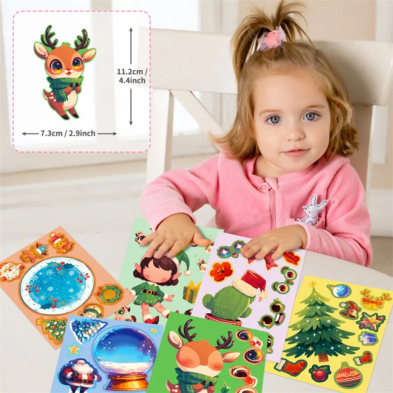 Fun Christmas Theme Stickers For Kids Children Puzzle DIY Crystal Ball Elf Christmas Tree Stickers Make A Face Assembled Jigsaw