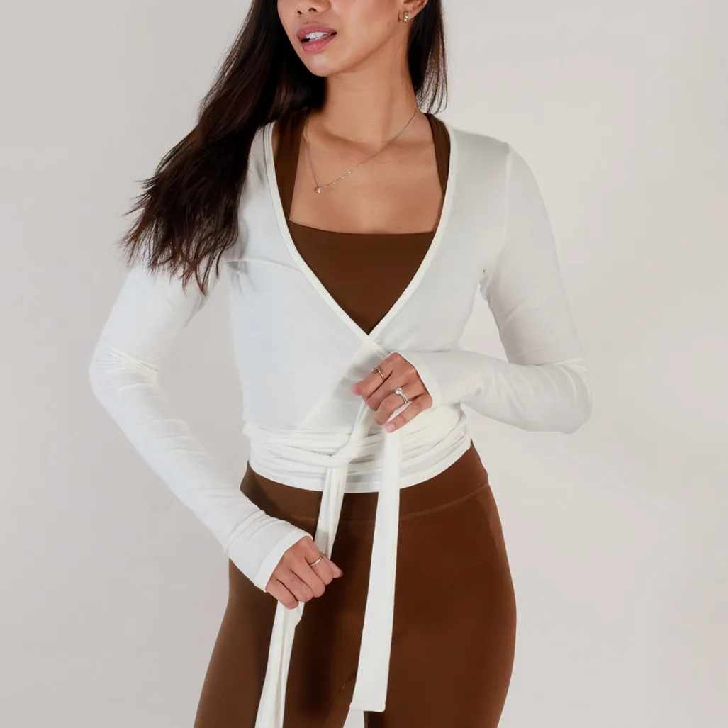 Hot Sale Yoga Tops Women's Ballet Wrap Tops Solid Color Stylish V Neck Long Sleeve Workout T-Shirt for Sports Streetwear