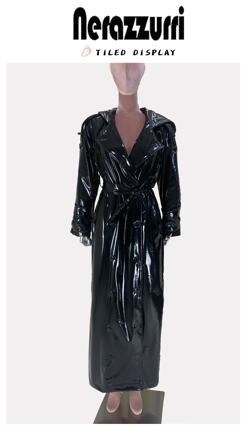 Nerazzurri Autumn Extra Long Shiny Black Soft Patent Pu Leather Trench Coat for Women with Hood Double Breasted European Fashion